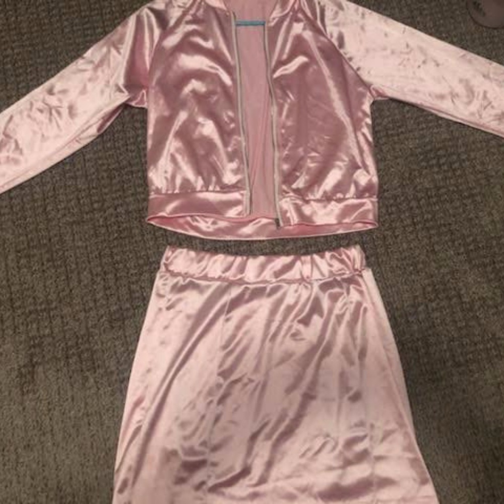 Pink Shiny Jacket and Skirt Set 50s 60s Sheer Shimmery Mini Skirt Barbie